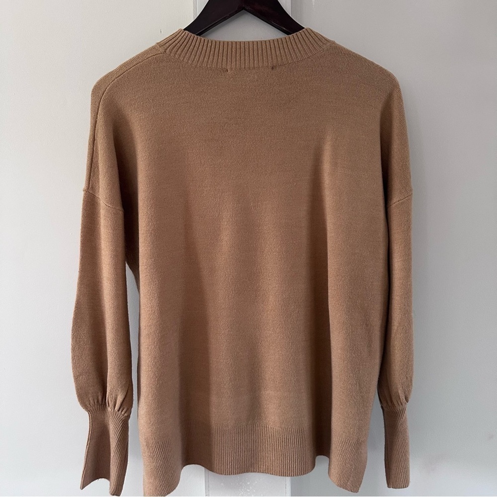 FRENCH CONNECTION Camel Crew Neck Sweater Balloon Sleeves & slits at hem small - Picture 6 of 8